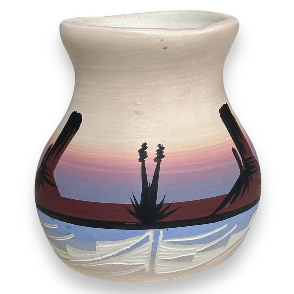 Navajo Sunset Pottery 4" Vase Carved Vessel Signed Hand Painted Pastels‎ Agave